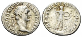 Domitian, 81-96 Denarius circa 92-93, AR 19.5mm., 2.88g. Laureate head r. Rev. Minerva standing r. on capital of rostral column, brandishing spear and...