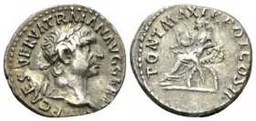 Trajan, 98-117 Denarius circa 98, AR 18mm., 3.26g. Laureate head r. Rev. Abundantia seated l. on chair with crossed cornucopias as arms, holding scept...