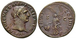 Trajan, 98-117 As circa 100, Æ 27mm., 10.52g. Laureate head r. Rev. Victory advancing l., holding round shield inscribed S P/Q R in two lines. RIC 417...