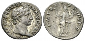Trajan, 98-117 Denarius circa 101-102, AR 18.5mm., 3.19g. IMP CAES NERVA TRAIAN AVG GERM Laureate head r. Rev. P M TR P COS IIII P P Felicitas standin...