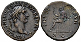 Trajan, 98-117 Dupondius circa 101-102, Æ 28mm., 11.77g. IMP CAES NERVA TRAIAN AVG GERM P M Radiate head r., with drapery on l. shoulder. Rev. TR POT ...