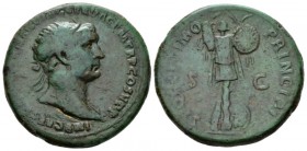 Trajan, 98-117 Dupondius circa 103-107, Æ 28mm., 12.30g. Radiate bust r., slight drapery. Rev. Trophy with two shields at base. RIC 587. C 574. Woytek...