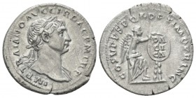 Trajan, 98-117 Denarius circa 103-111, AR 20mm., 2.88g. IMP TRAIANO AVG GER DAC P M TR P Laureate bust r., slight drapery on far shoulder. Rev. COS V ...