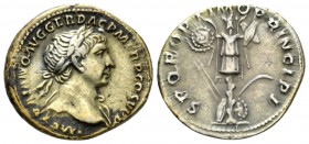 Trajan, 98-117 Denarius circa 107, AR 19.5mm., 3.28g. IMP TRAIANO AVG GER DAC P M TR P COS V P P Laureate bust r. with drapery on l. shoulder. Rev. S ...