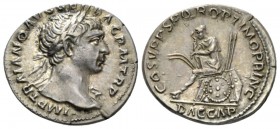 Trajan, 98-117 Denarius circa 108-109, AR 19.5mm., 3.42g. Laureate bust r., with slight drapery. Rev. Dacian seated l. on pile of arms, in attitude of...