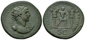 Trajan, 98-117 Dupondius circa 116-117, Æ 29mm., 13.22g. Radiate bust r., slight drapery,. Rev. Trajan standing r, head l., holding spear, between two...
