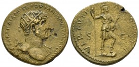 Hadrian, 117-138 Dupondius circa 119-121, Æ 27.5mm., 13.23g. Radiate head r. Rev Virtus standing r., l. foot on helmet, holding spear and parazonium. ...