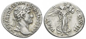 Hadrian, 117-138 Denarius circa 119-122, AR 19mm., 3.27g. IMP CAESAR TRAIAN HADRIANVS AVG Laureate and draped bust r. Rev. P M TR P COS III Victory fl...