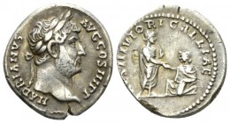 Hadrian, 117-138 Denarius circa 134-138, AR 18mm., 2.98g. Laureate head r.RESTITV TORI GALLIAE Hadrian standing r., holding volumen and raising kneeli...