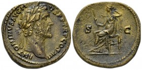 Antoninus Pius, 138-161 Sestertius circa 145-161, Æ 31mm., 24.97g. Laureate head r. Rev. Securitas seated l. on throne, holding scepter and resting he...