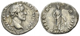 Antoninus Pius, 138-161 Denarius circa 151-152, AR 19mm., 2.80g. Laureate head r. rev. Tranquillitas standing r., holding rudder on globe and corn-ear...