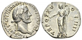 Antoninus Pius, 138-161 Denarius circa 151-152, AR 18mm., 2.97g. Laureate head r. Rev. Pax standing l., holding branch and sceptre. RIC 216a. C 585.
...
