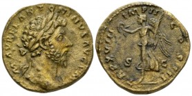 Marcus Aurelius, 161-180 Sestertius circa 163-164, Æ 30mm., 20.55g. Laureate head r. Rev. Victory advancing l., holding wreath and palm. RIC 878. C 85...
