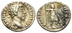 Marcus Aurelius, 161-180 Denarius circa 164-165, AR 18mm., 3.39g. Laureate head r. Rev. Mars standing r., holding spear and shield. RIC 124. C 473.
...