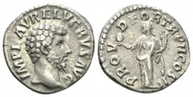 Lucius Verus, 161-169 Denarius circa 161, AR 17.5mm., 3.19g. IMP L AVREL VERVS AVG Bare head r. Rev. PROV DEOR TR P COS II Providentia standing l., ho...