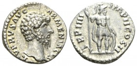 Lucius Verus, 161-169 Denarius circa 163-164, AR 17.5mm., 3.23g. L VERVS AVG ARMENIACVS Laureate head r. Rev. TR P IIII IMP II COS II Mars standing r....