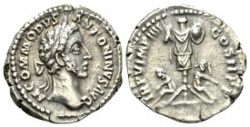 Commodus, 177-192 Denarius circa 180, AR 19mm., 3.27g. Laureate head r. Rev. Trophy between captives. RIC 9. C 302.

Good Very Fine/Very Fine.

 ...