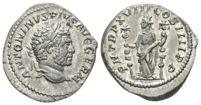 Caracalla, 198-217 Denarius circa 215, AR 19.5mm., 3.68g. Laureate head r. Rev. ...