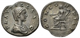 Plautilla, wife of Caracalla Denarius Laodicaea circa 202-205, AR 18.5mm., 2.09g. Draped bust r. Rev. Concordia seated l., holding patera and cornucop...