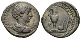 Geta Caesar, 198-209 Denarius circa 198-200, AR 17.5mm., 3.39g. Bare-headed bust r. Rev. Lituus, knife, jug, simpulum, sprinkler. RIC 3. C 188,

Nic...