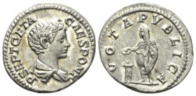 Geta Caesar, 198-209 Denarius circa 200-202, AR 18.5mm., 3.60g. Bare-headed bust r. Rev. Geta standing l., sacrificing out of patera over tripod and h...