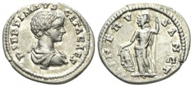 Geta Caesar, 198-209 Denarius Laodicea circa 203-208, AR 20mm., 3.42g. Bare-headed and draped bust r. Rev. Minerva standing l., leaning on shield and ...