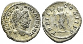 Geta, 209-212 Denarius circa 211, AR 18.5mm., 3.47g. Laureate head r. rev. Janus standing; holding sceptre and thunderbolt. RIC 79. C 197.

Toned. A...
