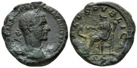 Macrinus, 217-218 As circa 217-218, Æ 26mm., 13.05g. Laureate and cuirasse bust r. Rev. Salus seated l., feeding snake coiled round altar. RIC 200. C ...