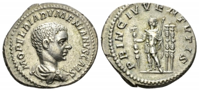 Diadumenian Caesar, 217-218 Denarius circa, AR 20.5mm., 3.30g. Bare-headed, drap...