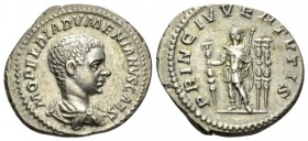 Diadumenian Caesar, 217-218 Denarius circa, AR 20.5mm., 3.30g. Bare-headed, draped and cuirassed bust r. Rev. Diadumenian standing front, head r., hol...