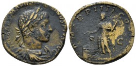 Elagabalus, 218-222 Sestertius circa 221, Æ 28mm., 17.65g. Laureate, draped and cuirassed bust r. Rev. Emperor in Syrian priestly dress standing l., s...