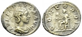 Julia Paula, wife of Elagabalus Denarius after 219, AR 20.5mm., 2.51g. Draped bust r. Rev. Concordia seated l., holding cornucopia and patera; in fron...