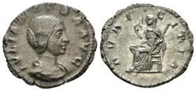 Julia Maesa, sister of Julia Domna and grandmother of Elagabalus Denarius circa 218-223, AR 20mm., 2.46g. Draped bust r. Rev. Pudicitia seated l., hol...