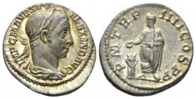 Severus Alexander, 222-235 Denarius circa 225, AR 19.5mm., 2.87g. Laureate, draped bust r. Rev. Emperor standing l., sacrificing over a tripod and hol...