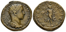 Severus Alexander, 222-235 Dupondius circa 226, Æ 25mm., 14.21g. Radiate and draped bust r. Rev. Mars advancing r., holding spear and trophy. RIC 441....