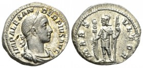 Severus Alexander, 222-235 Denarius circa 231-235, AR 20mm., 3.65g. Laureate, draped and cuirassed bust r. Rev. Mars standing l., leaning on shield an...