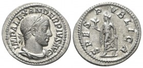 Severus Alexander, 222-235 Denarius circa, AR 21mm., 3.70g. Laureate and draped bust r. Rev. Spes advancing l., holding flower and rising skirt. RIC 2...