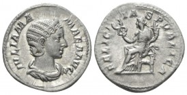 Julia Mamaea, mother of Severus Alexander Denarius circa 222-235, AR 19.5mm., 2.78g. Diademed and dreaped bust r. Rev. Felicitas seated l., holding ca...