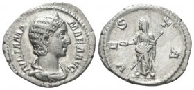 Julia Mamaea, mother of Severus Alexander Denarius circa 222-235, AR 21mm., 2.82g. Diademed and draped bust r. Rev. VESTA Vesta seated l., holding pal...