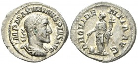 Maximinus I, 235-238 Denarius circa 235-236, AR 20.5mm., 3.26g. Laureate, draped and cuirassed bust r. Rev. Providentia standing l., holding wang over...