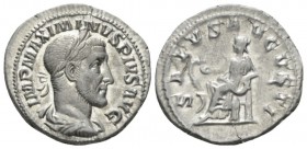 Maximinus I, 235-238 Denarius circa 235-236, AR 20.5mm., 2.93g. Laureate, draped and cuirassed bust r. Rev. Salus seated l., feeding serpent rising fr...