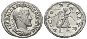 Maximinus I, 235-238 Denarius circa 235-236, AR 20.5mm., 3.22g. Laureate, draped and cuirassed bust r. Rev. Victory advancing r., holding wreath and p...