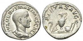 Maximus Caesar, 235-238 Denarius circa 235-236, AR 19mm., 3.26g. Bare-headed, draped bust r. Rev. Jug between lituus and knife to l., simpulum and spr...