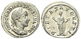 Gordian III, 238-244 Denarius circa 241, AR 20.5mm., 3.21g. Laureate, draped and cuirassed bust r. Rev. Pietas veiled, standing front, head l., raisin...