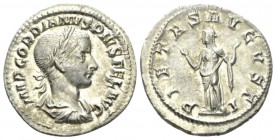 Gordian III, 238-244 Denarius circa 241, AR 20mm., 2.60g. Laureate, draped and cuirassed bust r. Rev. Pietas veiled, standing front, head l., raising ...