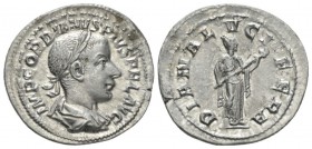 Gordian III, 238-244 Denarius circa 241, AR 21.5mm., 2.60g. Laureate, draped and cuirassed bust r. Rev. Diana standing r., holding lighted torch. RIC ...