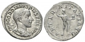 Gordian III, 238-244 Denarius circa 241-243, AR 21mm., 3.01g. Laureate, draped and cuirassed bust r. Rev.Sol standing front, head l., raising r. hand ...