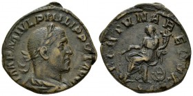 Philip I, 244-249 Sestertius circa 249, Æ 29.5mm., 14.80g. Laureate, draped, and cuirassed bust r. Rev. Fortuna seated l., holding rudder and cornucop...