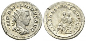 Philip II, 247-249 Antoninianus circa 247-249, AR 23mm., 4.63g. Radiate, draped and cuirassed bust r. Rev. Philip I and Philip II seated l. on curule ...
