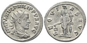 Philip II, 247-249 Antoninianus Antioch circa 247-249, AR 23.5mm., 4.24g. Radiate, draped and cuirassed bust r. Rev. Aequitas standing l., holding sca...